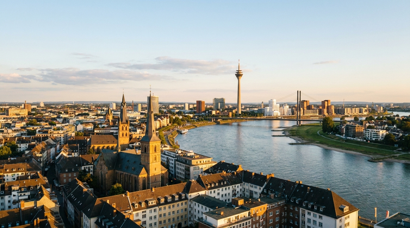 Blick über die Düsseldorfer Altstadt und den Rhein bei Sonnenuntergang